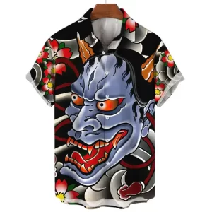 Oni Mask Floral Black Samurai Button-Up Shirt