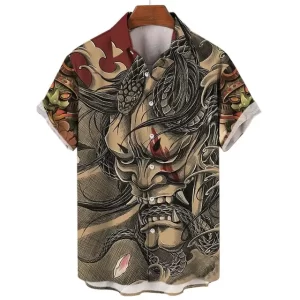 Oni Mask and Serpent Beige Button-Up Shirt