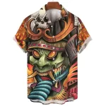 Oni Samurai Skull Helmet Multicolor Button-Up Shirt