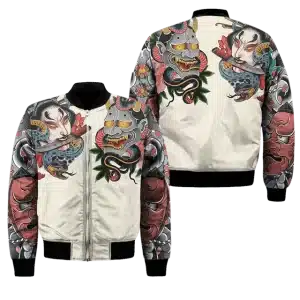 Oni and Serpent Bomber Jacket with Floral Sleeves