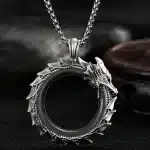 Ouroboros Dragon Pendant Necklace in Antique Silver