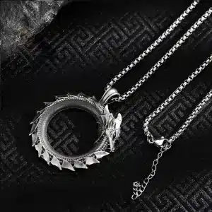 Ouroboros Dragon Pendant Necklace in Antique Silver