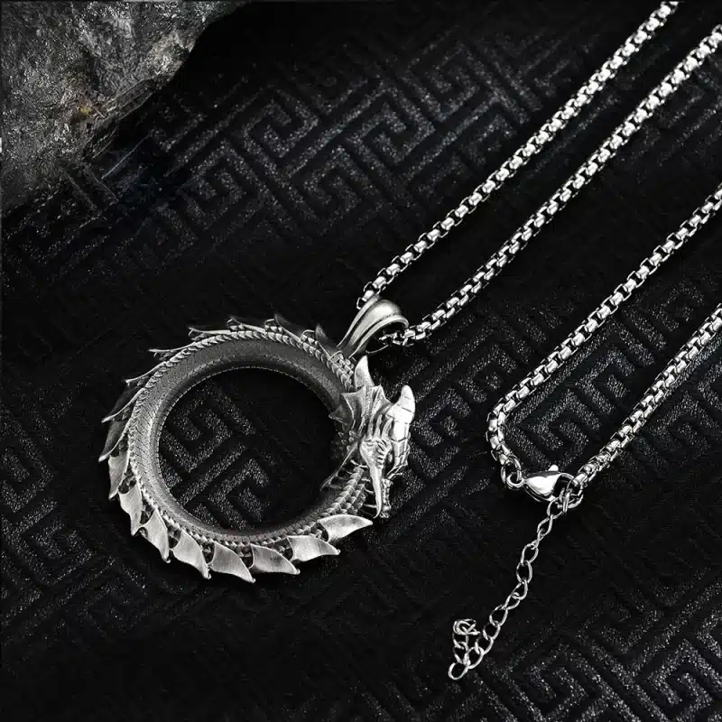 Ouroboros Dragon Pendant Necklace in Antique Silver