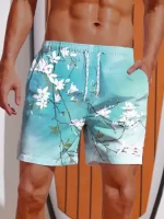 Pastel Blue and White Floral Swim Trunks