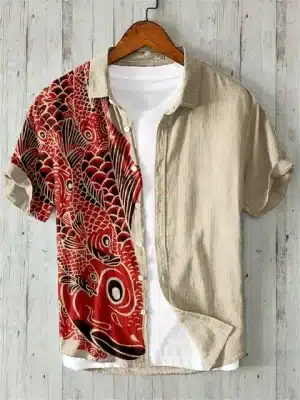 Red Koi Fish Beige Samurai Linen Shirt