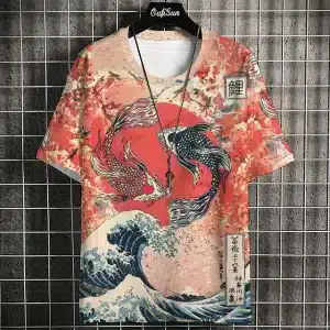 Red Koi Fish and Waves Ukiyo-e T-Shirt