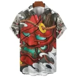 Red Oni Demon Mask Samurai Button-Up Shirt