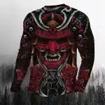 Red Oni Samurai Floral Traditional Art Long Sleeve Shirt