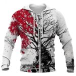 Red Tree Samurai Warrior White Zip-Up Hoodie