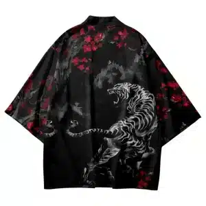 Roaring Tiger and Red Leaves Black Kimono