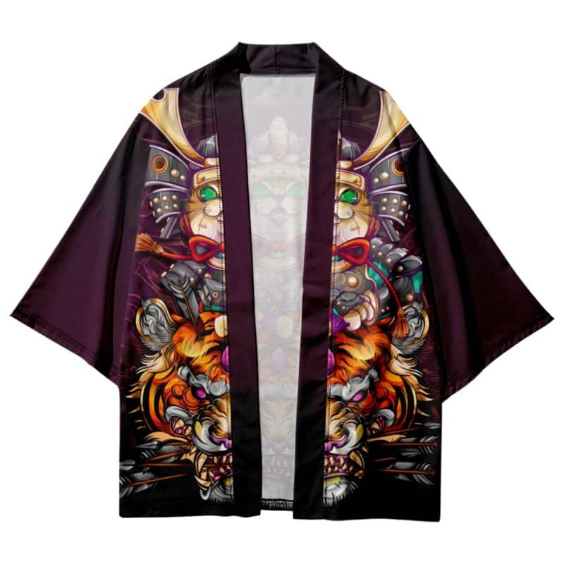 Samurai Cat Riding a Tiger Streetwear Kimono - Front