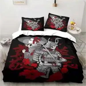 Samurai Couple Black and Red Floral Bedding Set