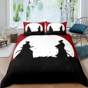 Samurai Duel Silhouette Shadow Bedding Set