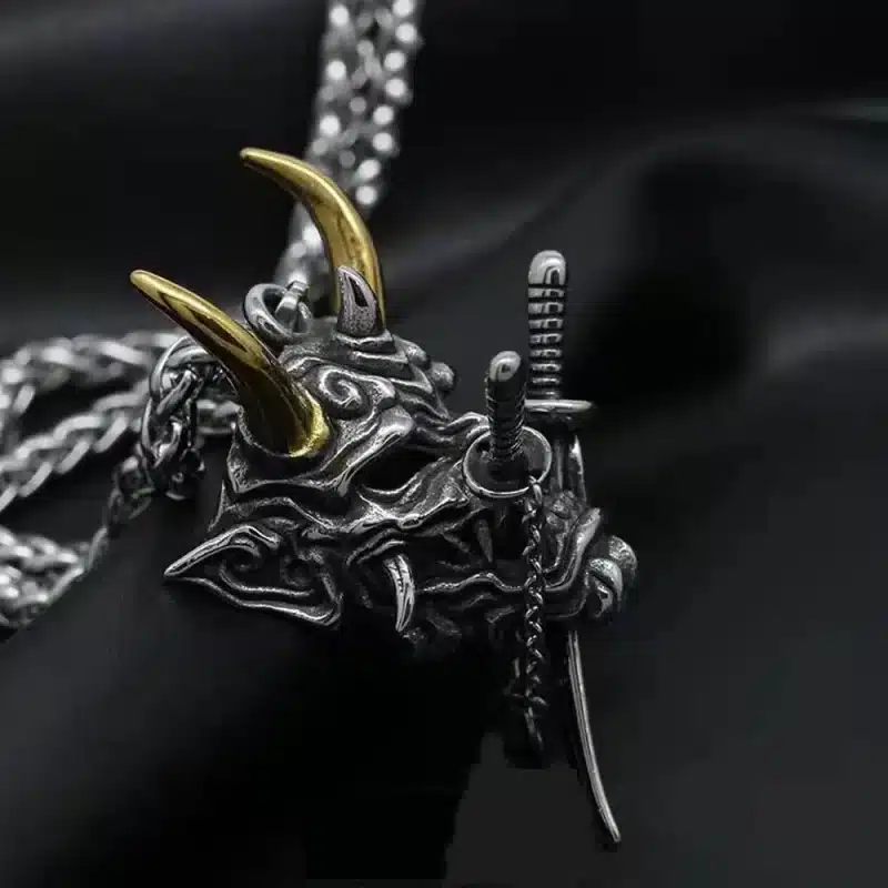 Samurai Mask Pendant Necklace with Dual Swords and Gold Horns