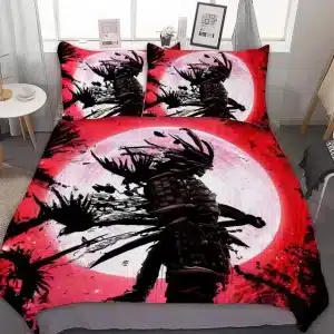 Samurai Shadow Red and White Full Moon Bedding Set