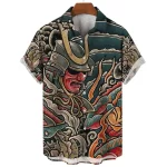 Samurai Warrior and Dragon Button-Up Shirt