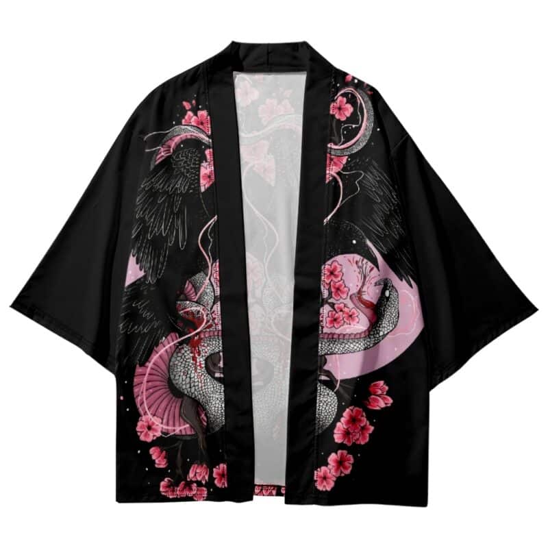 Serpent Snake Blossom Black Kimono Cardigan - Front