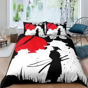 Silhouette Samurai Warrior Red and Black Bedding Set