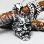 Silver Color Oni Demon Mask Pendant Necklace