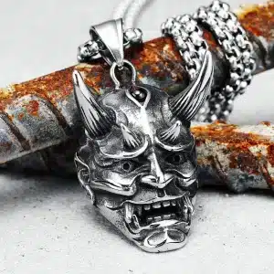 Silver Color Oni Demon Mask Pendant Necklace