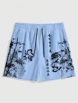 Sky Blue Bamboo Dragon Black Ink Shorts