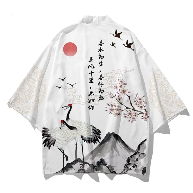 Spring Crane and Blossom Calligraphy Art Kimono