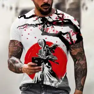 Striking Red Sun and Cherry Blossoms Samurai T-shirt