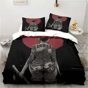 Tattooed Samurai Woman Black and Red Bedding Set