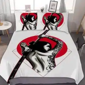 Tattooed Samurai Woman White and Red Bedding Set