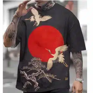 Traditional Japanese Artwork Red Sun Cranes T-Shirt