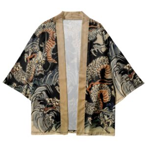 Traditional Japanese Dragon Art Beige Kimono - Front