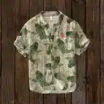 Traditional Koi Fish Print Beige and Green Linen Shirt