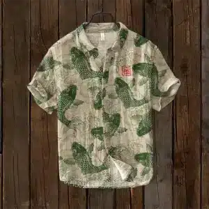 Traditional Koi Fish Print Beige and Green Linen Shirt