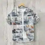 Traditional Pagoda Japanese Landscape Linen Shirt