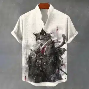 Traditional Style Samurai Cat Linen Shirt