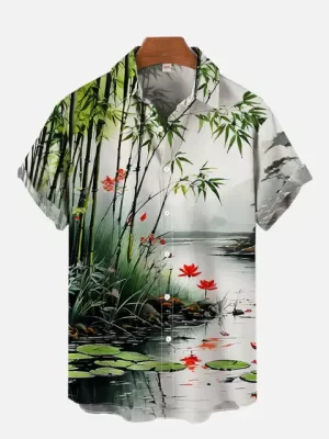 Tranquil Bamboo Lotus Pond Nature Hawaiian Shirt