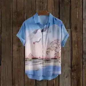 Tranquil Blue Crane Landscape Design Linen Shirt