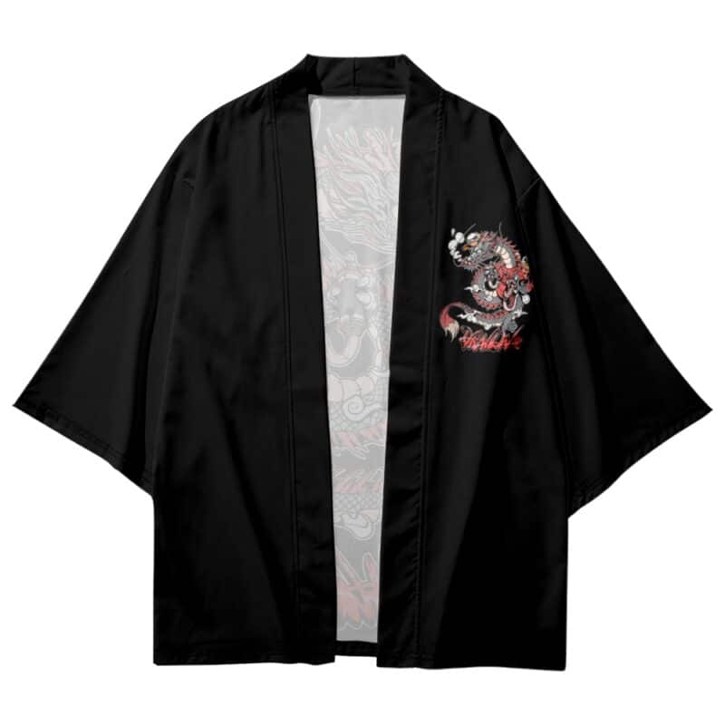 Urban Dragon Street Art Black Kimono Shirt Front