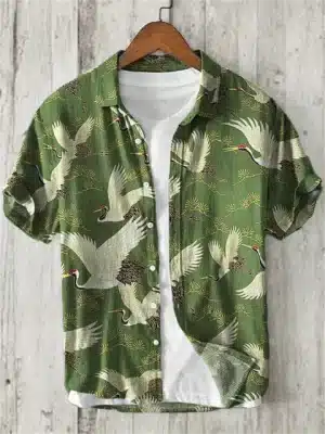 Verdant Majestic Crane Bird and Pine Linen Shirt