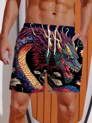 Vibrant Dragon Multicolor 3D Print Swim Trunks