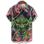 Vibrant Green Floral Oni Demon Hawaiian Shirt