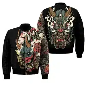 Vibrant Oni Demon Samurai Black Bomber Jacket