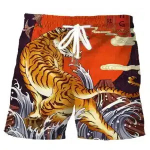 Vibrant Sunset Bold Tiger Roar Beach Shorts