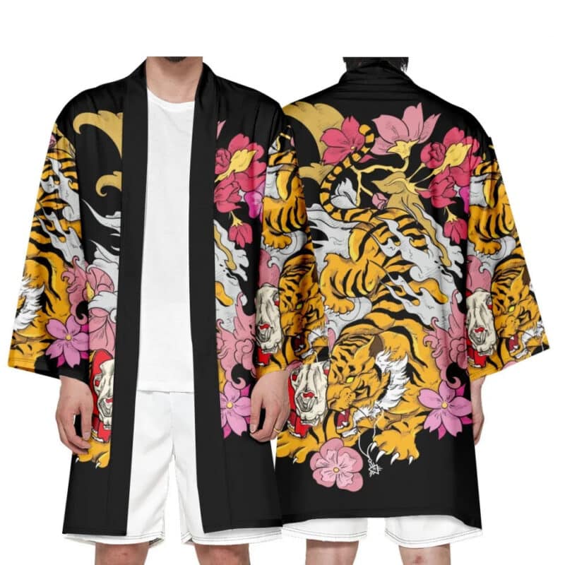 Vibrant Tiger and Floral Japanese Design Kimono