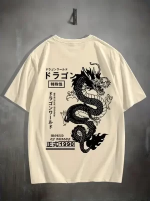 Vintage Cream & Black Retro Dragon Kanji T-Shirt