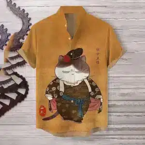 Warm Amber Cat Samurai Linen Shirt