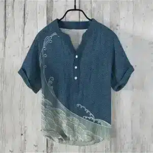 Wave Pattern Blue Samurai Henley Shirt