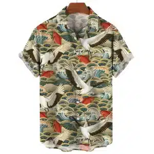 Waves and Cranes Multicolor Hawaiian Shirt