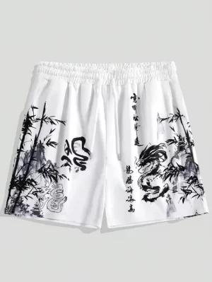 White Bamboo Dragon Black Ink Shorts