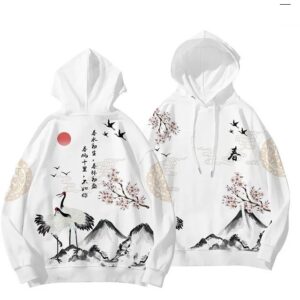 White Crane and Cherry Blossom Japanese Art Hoodie